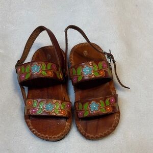 Kids Brown Leather Sandals with Colorful Embroidery